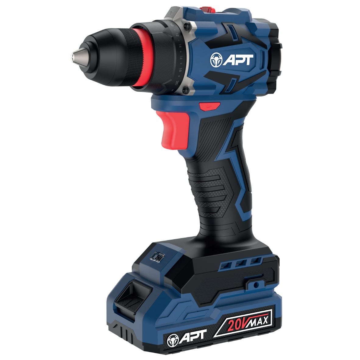 APT Cordless Drill, 10mm, Metal Chuck, 20V, 50N m, 2 x 2.0Ah Batteries, Plastic Case, DW0611045-2.0x2BMC - Dark Blue Red