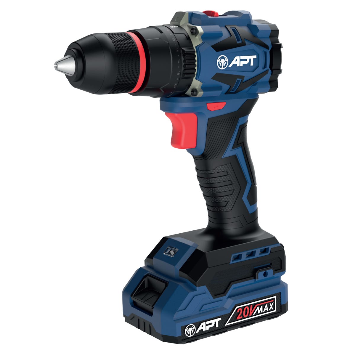 APT Cordless Hammer Drill, 13mm, Metal Chuck, 20V, 50 Nm, 2 x 2.0Ah Batteries, Plastic Case, DW1614045-2.0x2BMC - Dark Blue Red