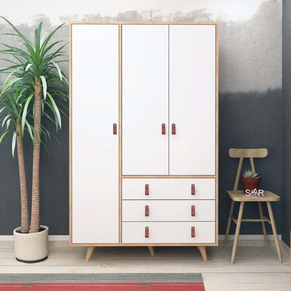 MDF Wood Wardrobe with Drawers, 100x52x185 Cm - Beige White