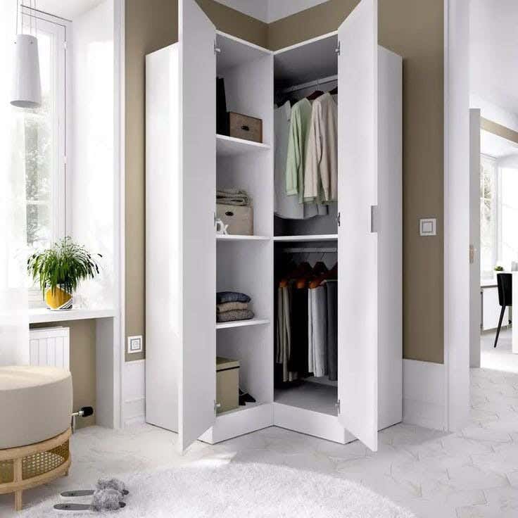 Corner Wardrobe With 2 Doors And Several Shelves, Made Of Thai MDF Wood, 220×100X100×40 Cm - White
