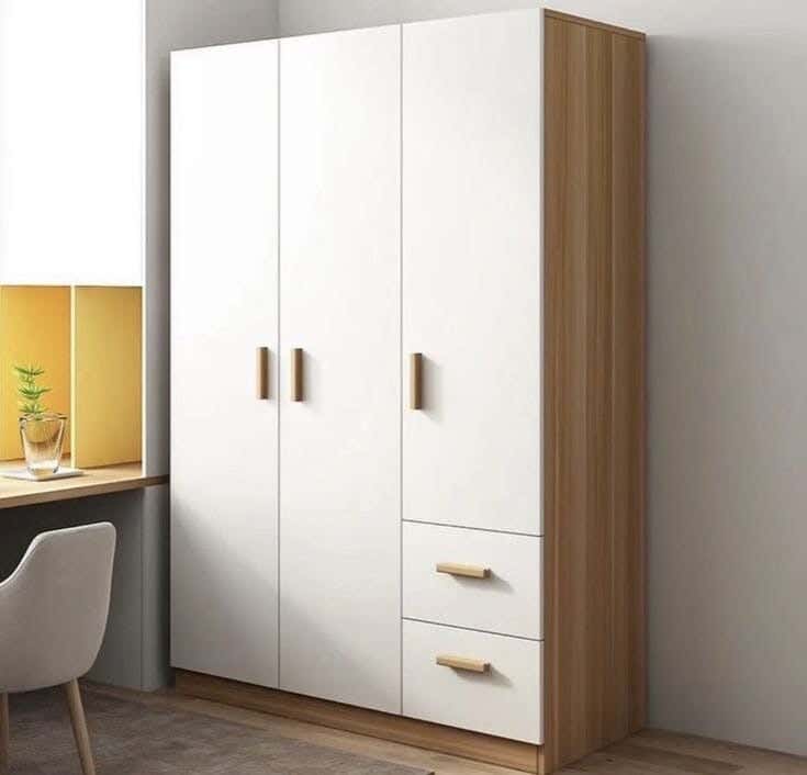 Wardrobe With 3 Doors And 2 Drawers, Made Of Thai MDF Wood, 200×150×40 Cm - White Beige