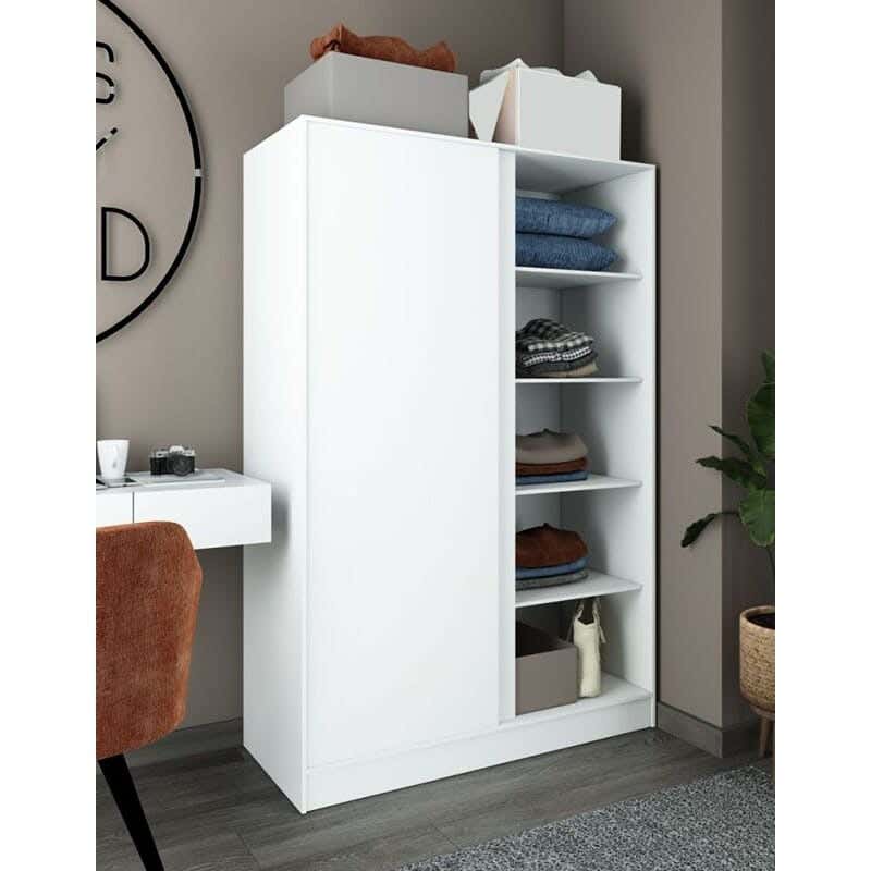 2-Door Sliding Wardrobe With 5 Shelves And 2 Hangers, MDF Wood, 200×120×50 Cm - White