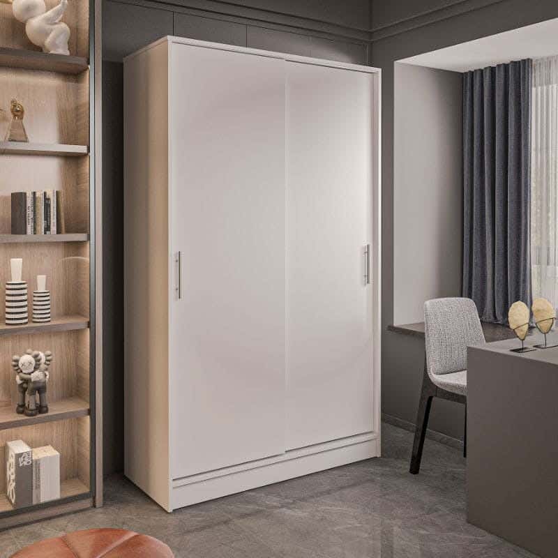 2-Door Sliding Wardrobe With 5 Shelves And 2 Hangers, MDF Wood, 200×120×50 Cm - White