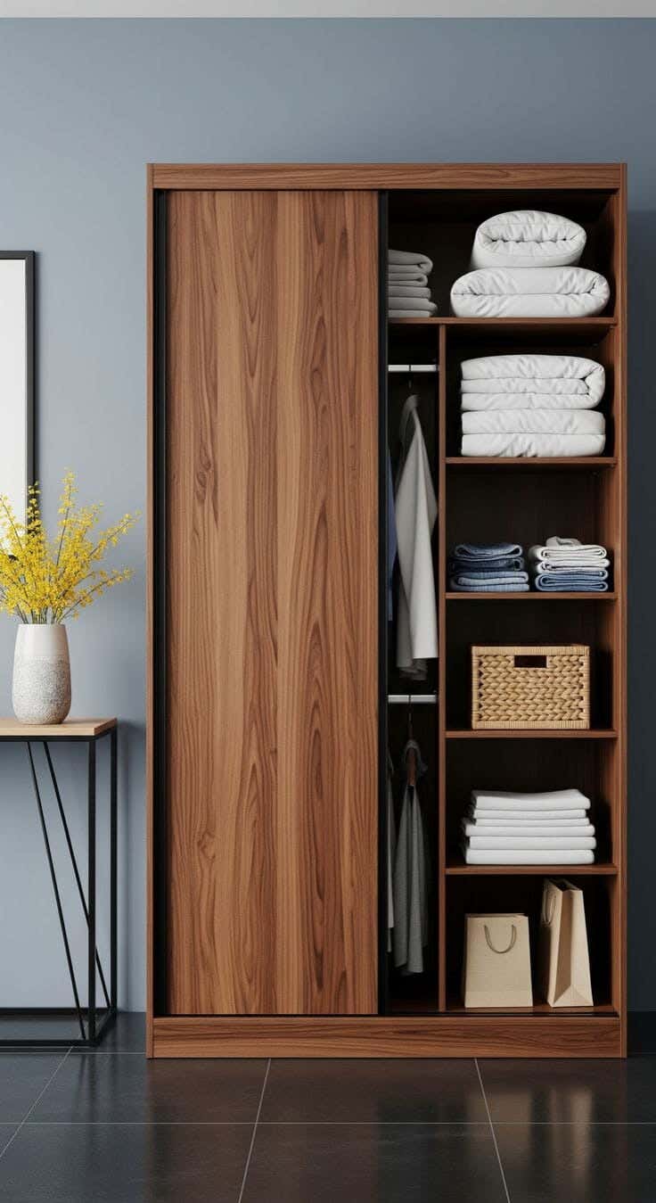 Brown 2-Door Sliding Wardrobe With 5 Shelves And 2 Hangers, MDF Wood, 200×100×50 Cm - Wooden