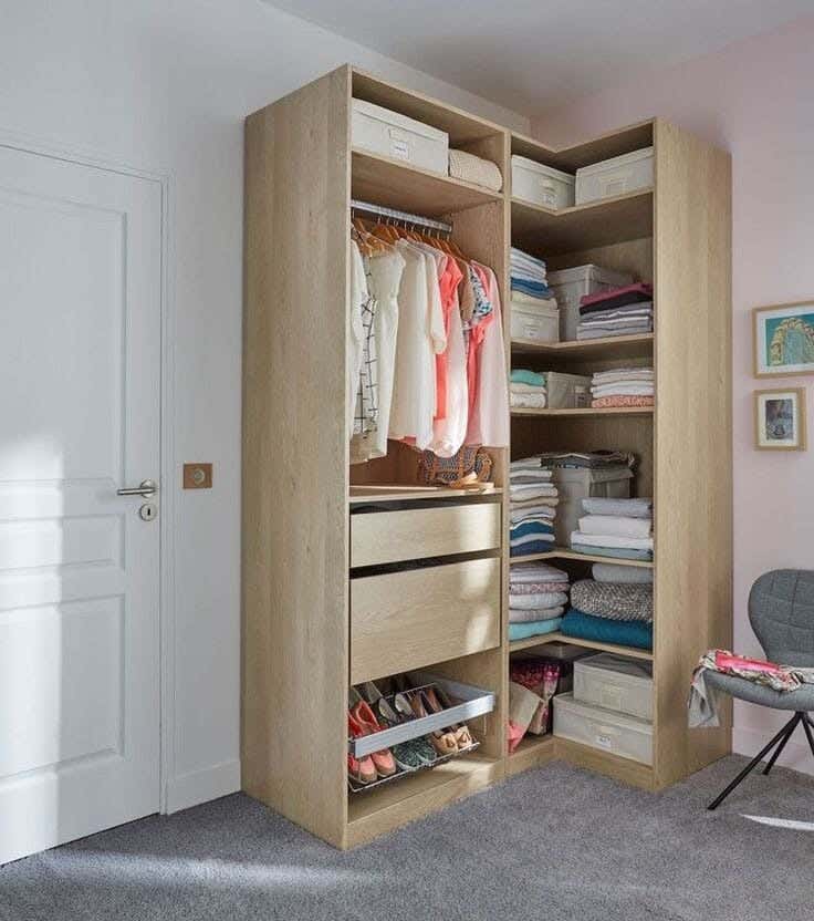 Corner Dressing Room With 2 Drawers And Several Shelves, Made Of Thai MDF Wood, 220×140X60×40 Cm - Wooden
