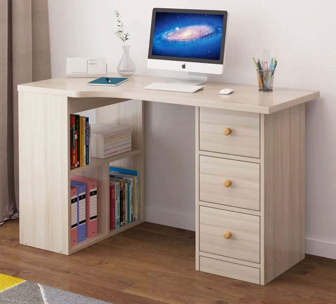 MDF Wood Desk, 120x50 cm, 3 Shelves, 3 Drawers - Beige