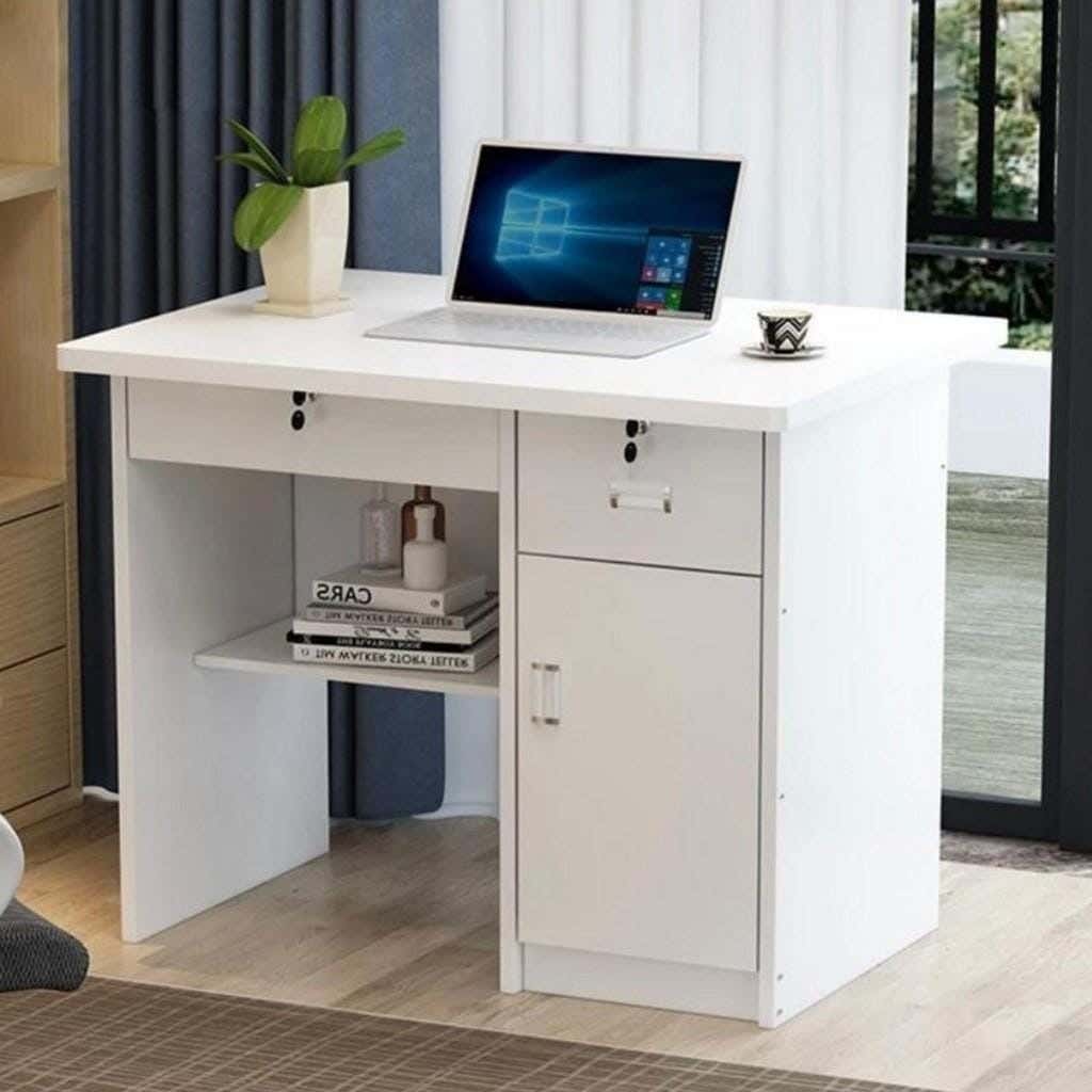 MDF Wood Desk, 100 x 50 cm, 1 Shelf, 2 Drawers - White