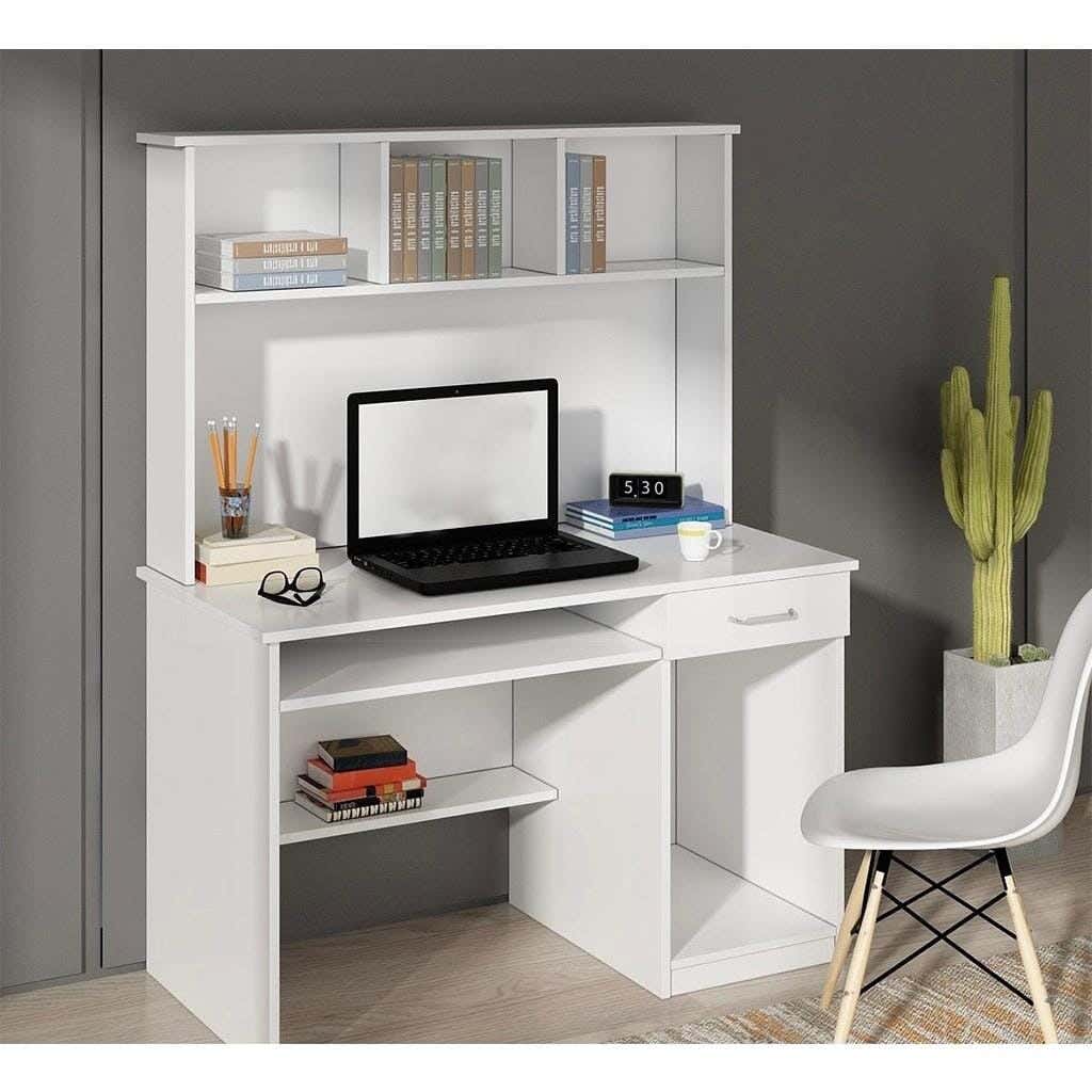 MDF Wood Desk, 100 x 50 cm, 1 Shelf, 2 Drawers - White
