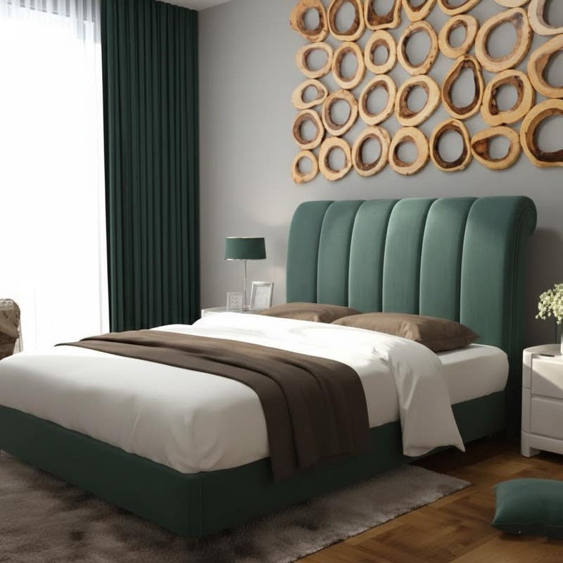 Capitonné bed, plywood, suede fabric, 200x160x122 cm - Olive