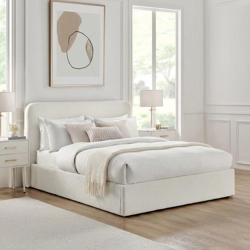Capitonné bed, plywood, suede fabric, 200x160x122 cm - Off-white