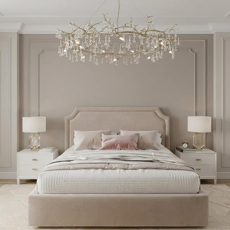 Capitonné bed, plywood, suede fabric, 200x160x122 cm - Beige