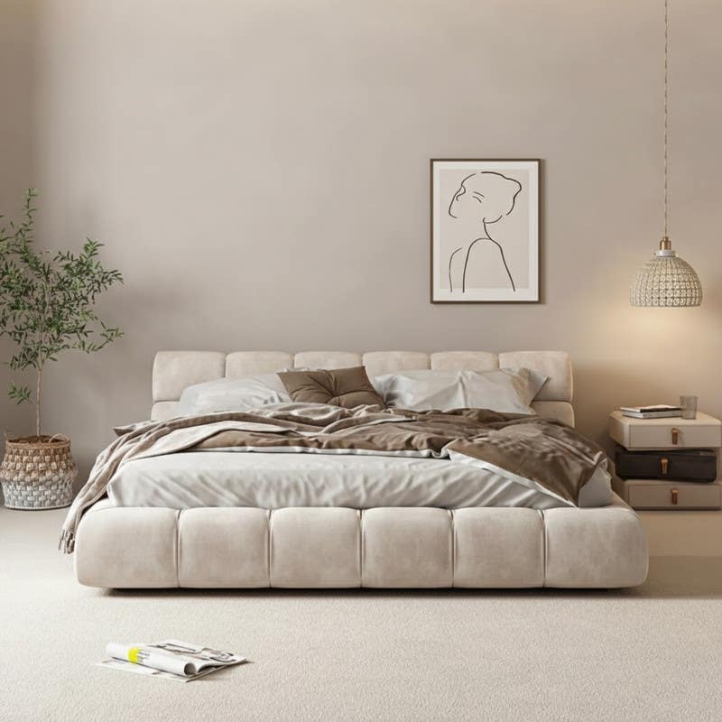 Capitonné bed, plywood, suede fabric, 200x160x122 cm - Beige