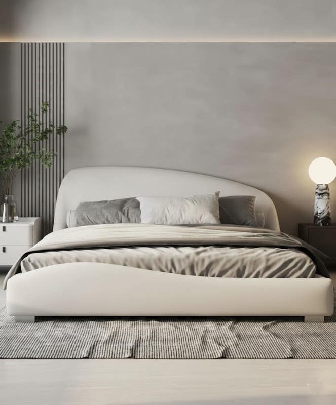 Plywood bed, suede fabric, 200x160x122 cm - Off-white
