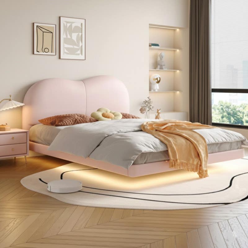 Plywood bed, suede fabric, 200x160x122 cm - Pink