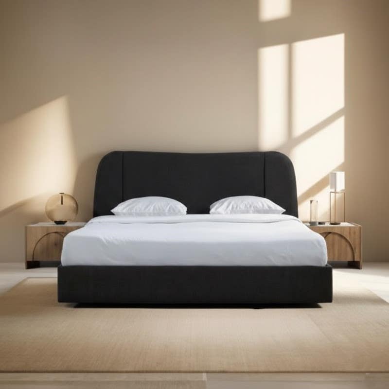 Plywood bed, suede fabric, 200x160x122 cm - dark gray