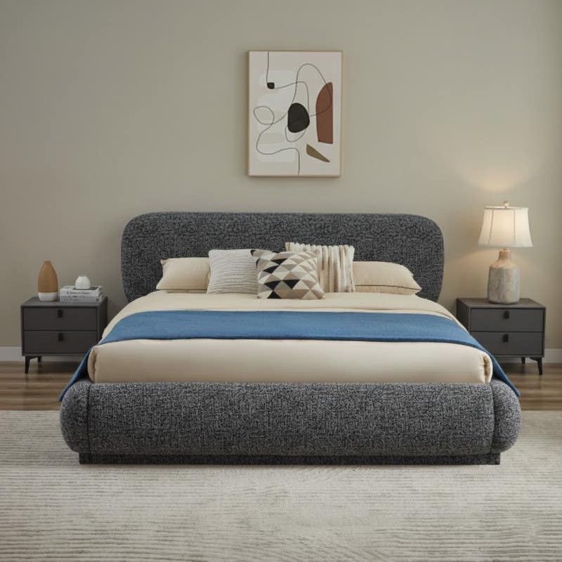 Plywood bed, suede fabric, 200x160x122 cm - dark gray