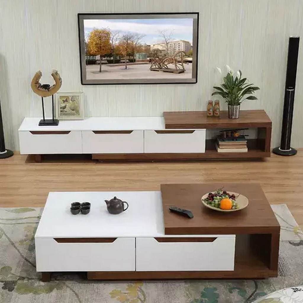Mdf Wood Table Set, 2 Pieces, Tv Table And Center Table - White Brown