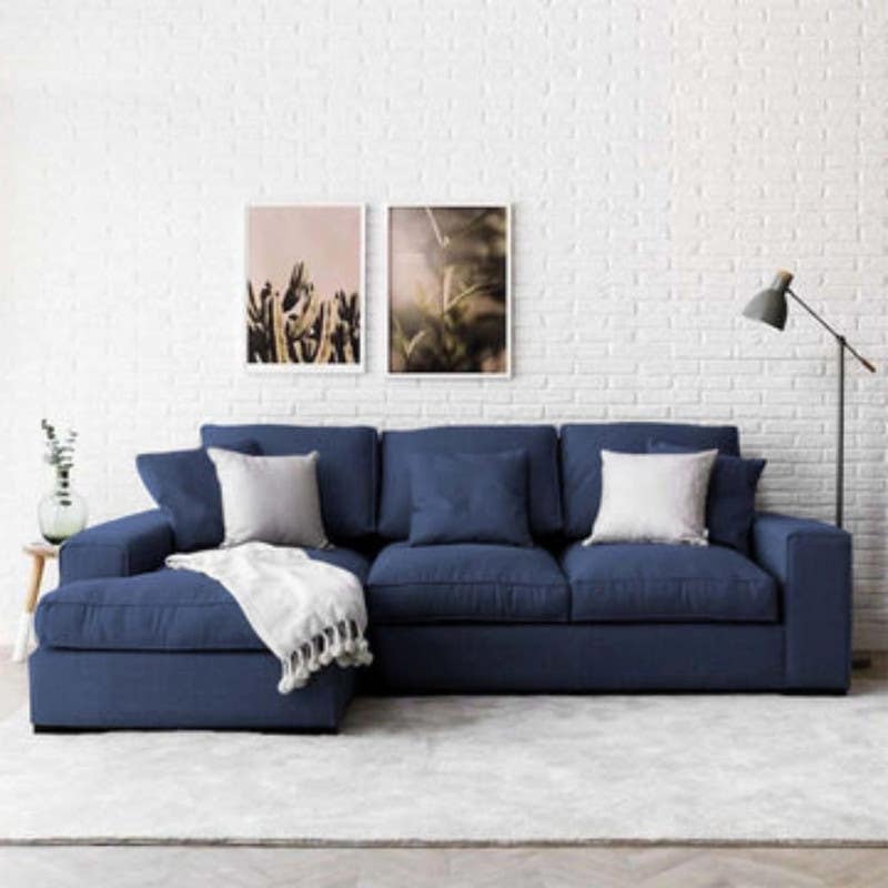 L-shaped beech wood sofa, Koya linen fabric, 160x85x250cm - Navy