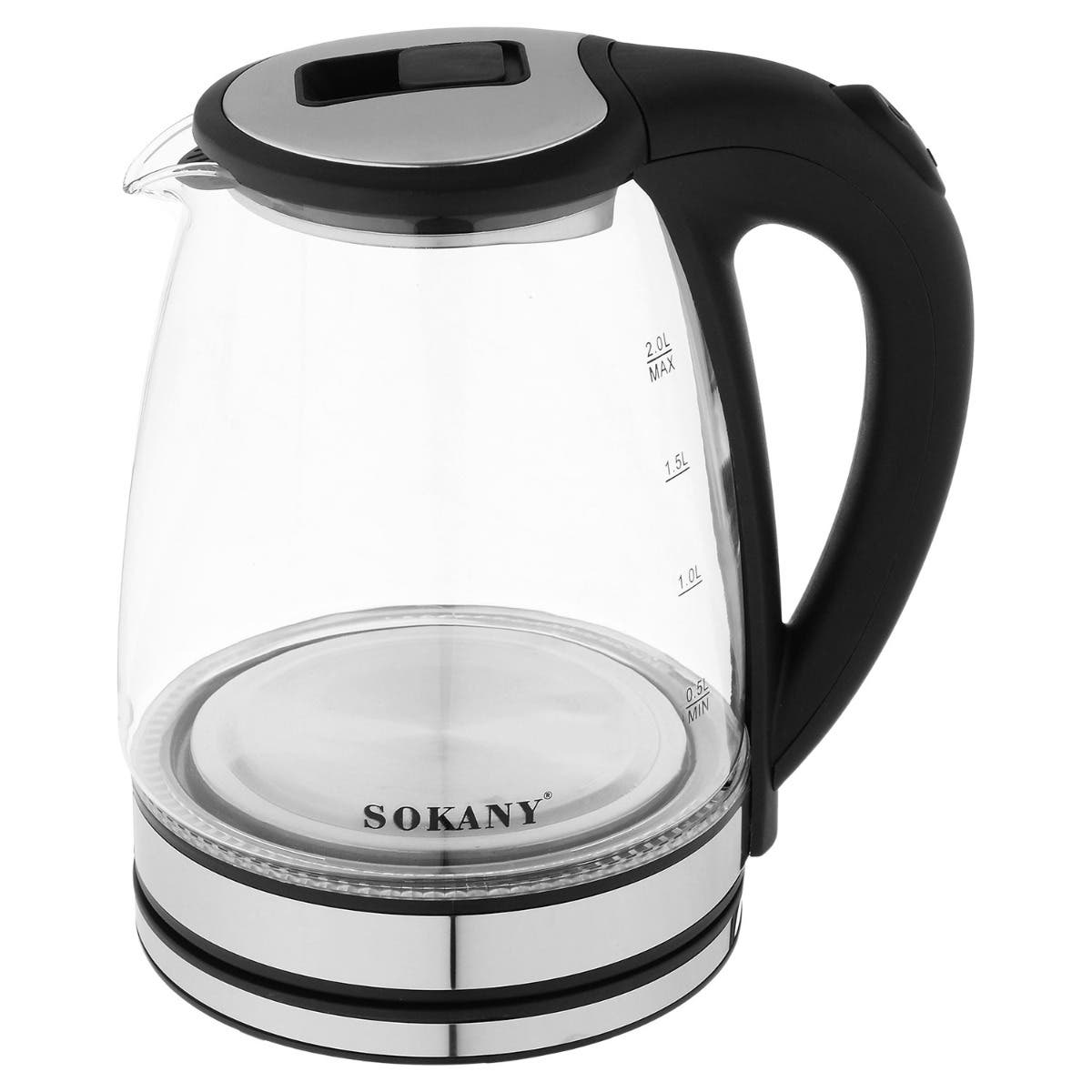 Sokany SK-1029 Glass Electric Kettle, 2 Liters, 1500 Watt - Black Clear