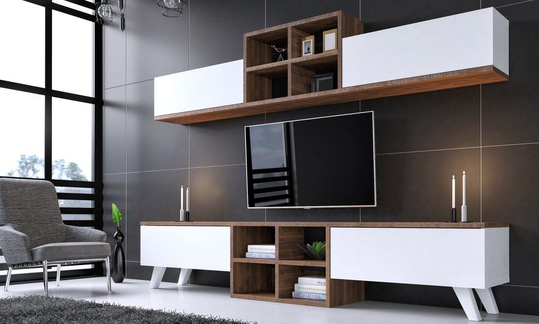 MDF Wooden Tv Unit, 180X48X30 Cm - White Brown