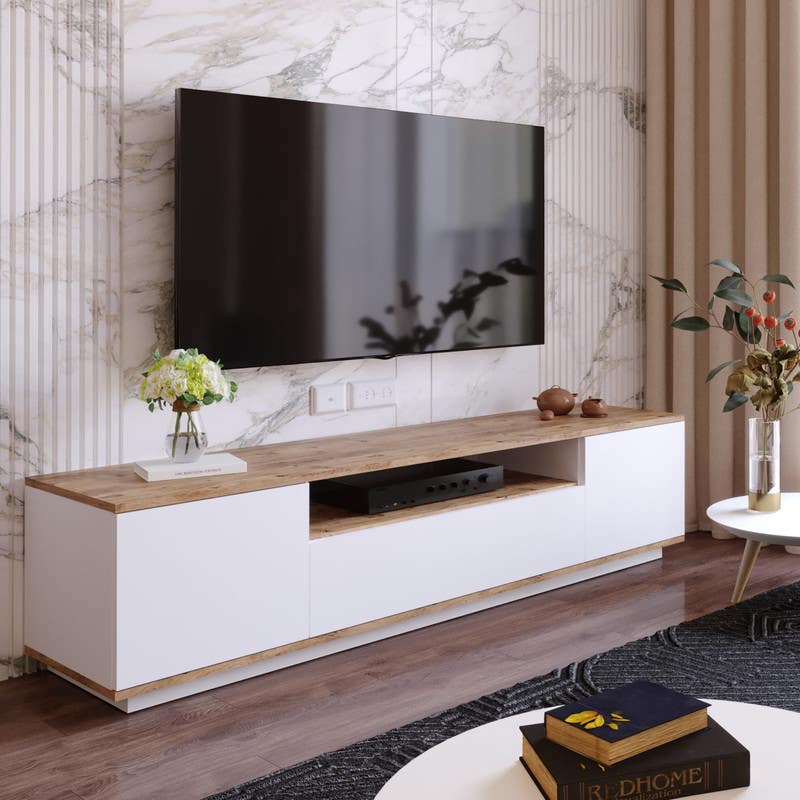 MDF Wooden Tv Table, 160x47x30 cm - White Beige
