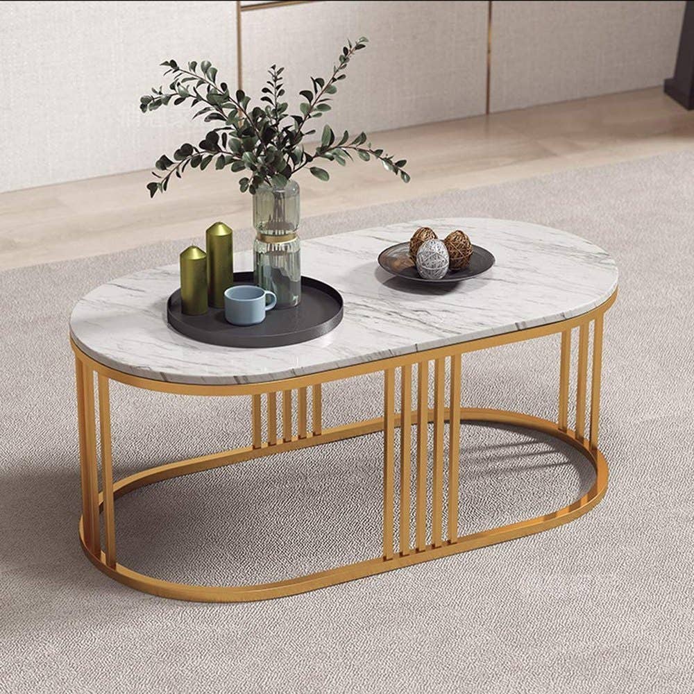 Steel Modern Center Table, Marble Surface, 80x50x45 cm - White Gold