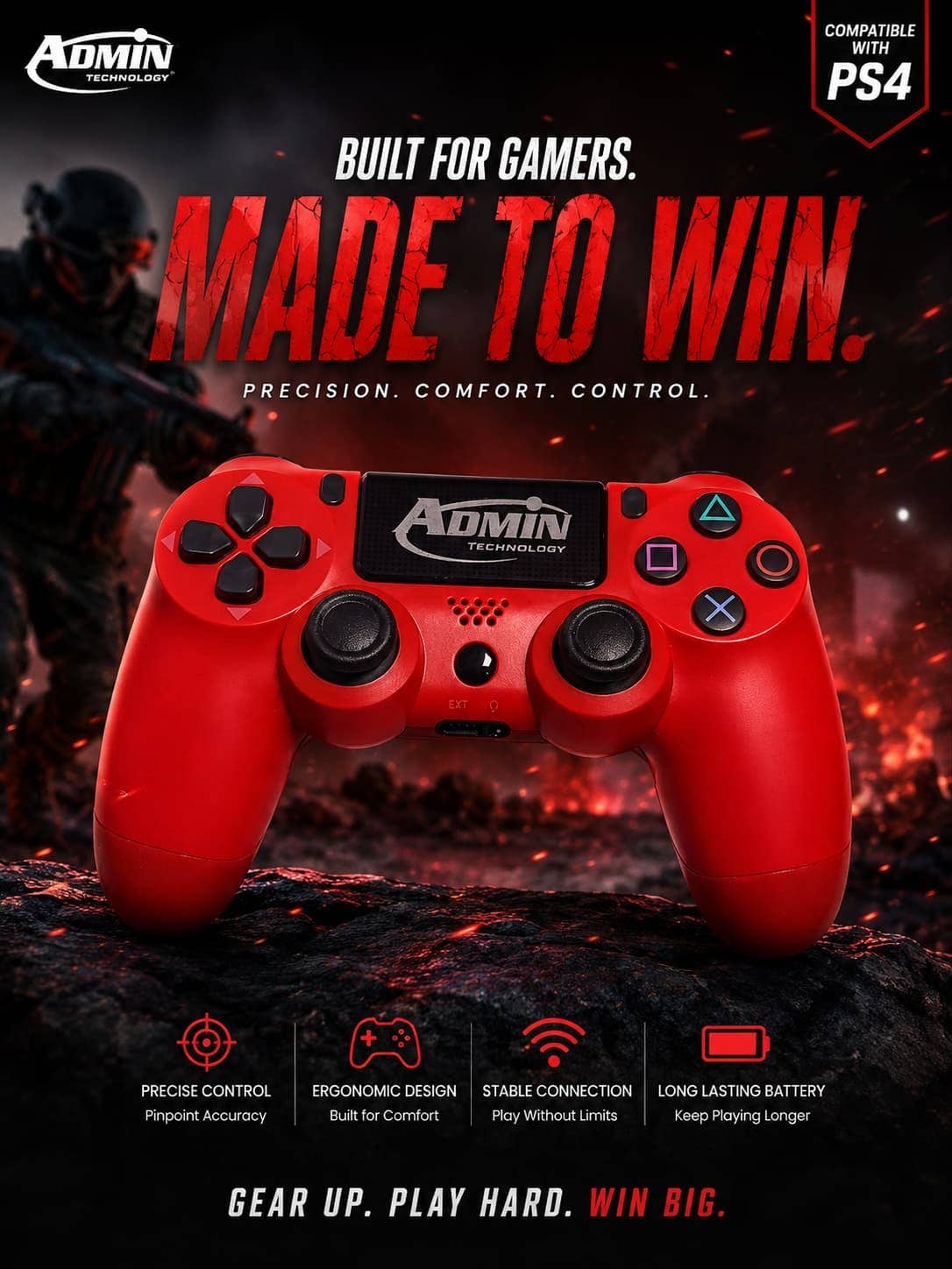 Professional Wireless Controller For Playstation 4 (Ps4/Slim/Pro/) With 6-Axis Motion Sensor, Interactive Touchpad, 3.5Mm Audio Jack, And Dual Vibration - High-Precision Royal Red Gamepad - Admin Technology