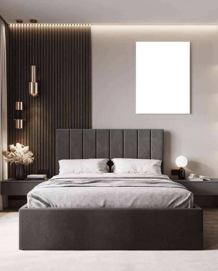 Mosky wood bed, velvet fabric, 200 x 160 x 125 cm - Frannie