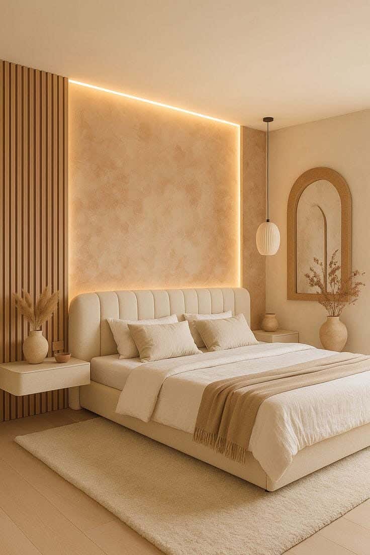 Mosky wood bed, velvet fabric, 200 x 160 x 125 cm - off white
