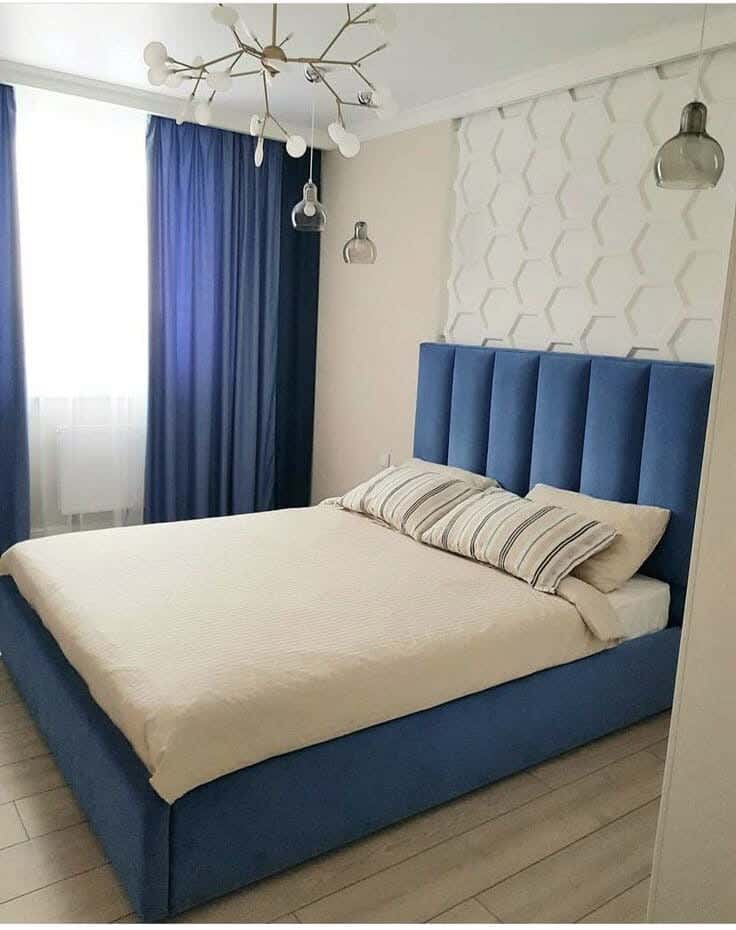 Mosky wood bed, velvet fabric, 200 x 160 x 125 cm - navy blue