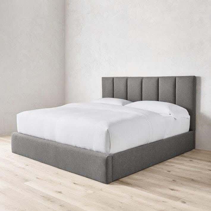 Mosky wood bed, velvet fabric, 200 x 160 x 125 cm - Grey
