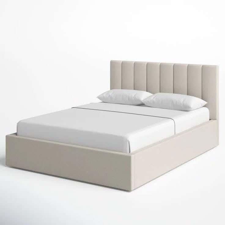 Mosky wood bed, velvet fabric, 200 x 160 x 125 cm - Beige