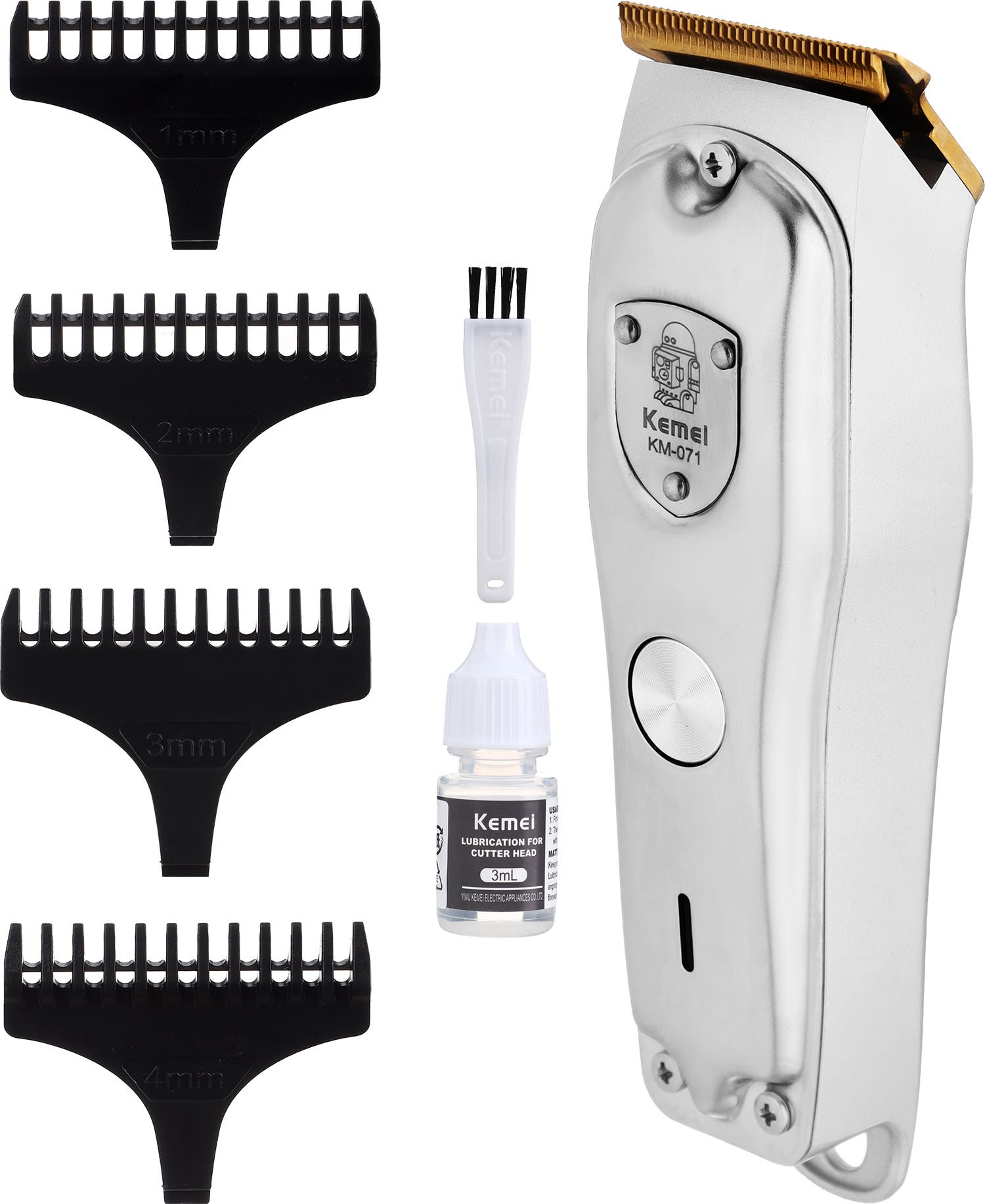 Kemei Km-071 Shaver, 4 Combs, Rechargeable Battery - Silver