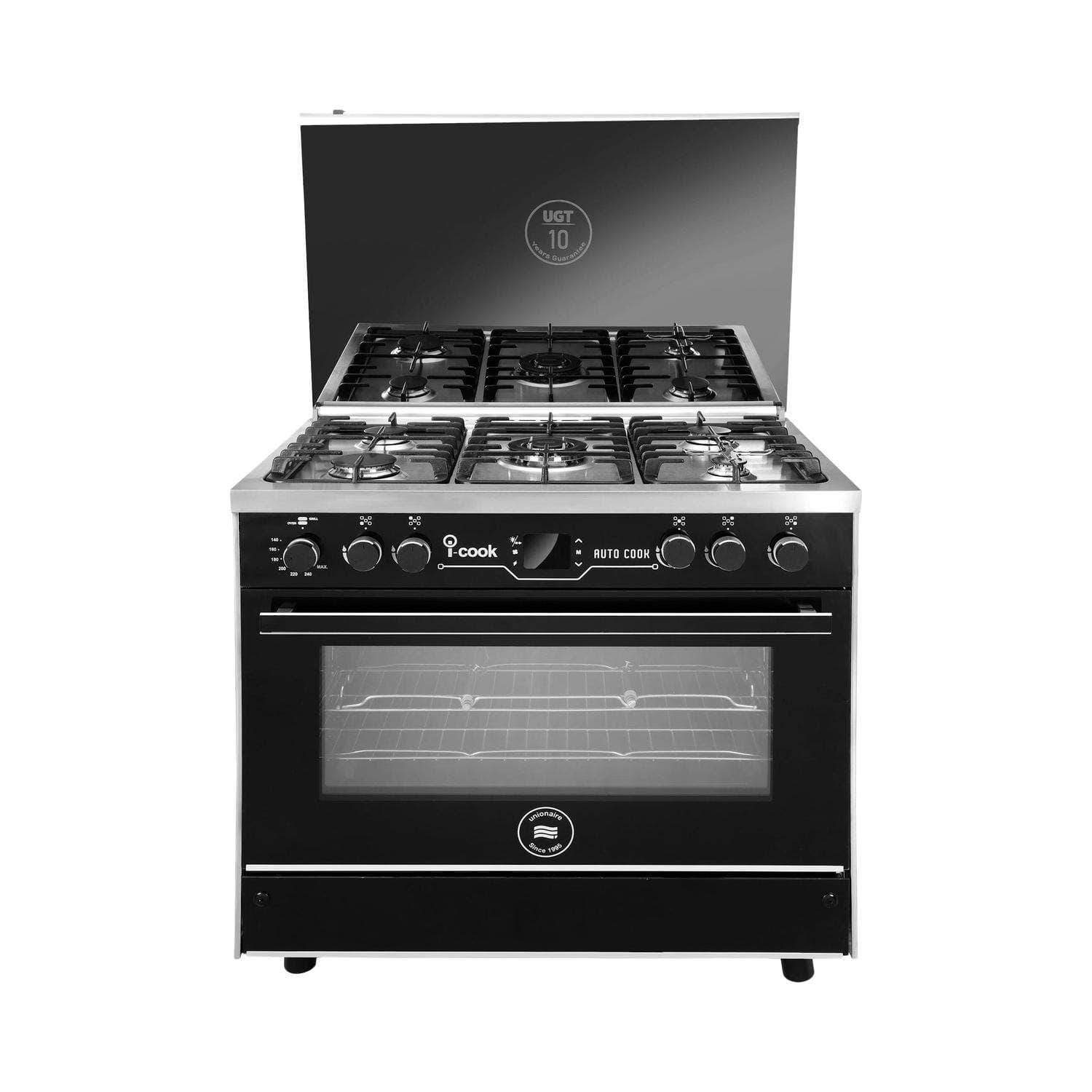 Unionaire i-Cook C69SS-GC-511-ICPS2F-IS-2W-AL Gas Cooker, 5 Burners, 90×60 cm, Full Safety - Black Silver