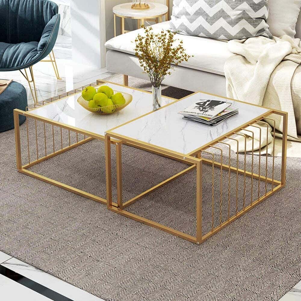 Steel Square Center Tables Set, Two Pieces, Marble Top - Gold