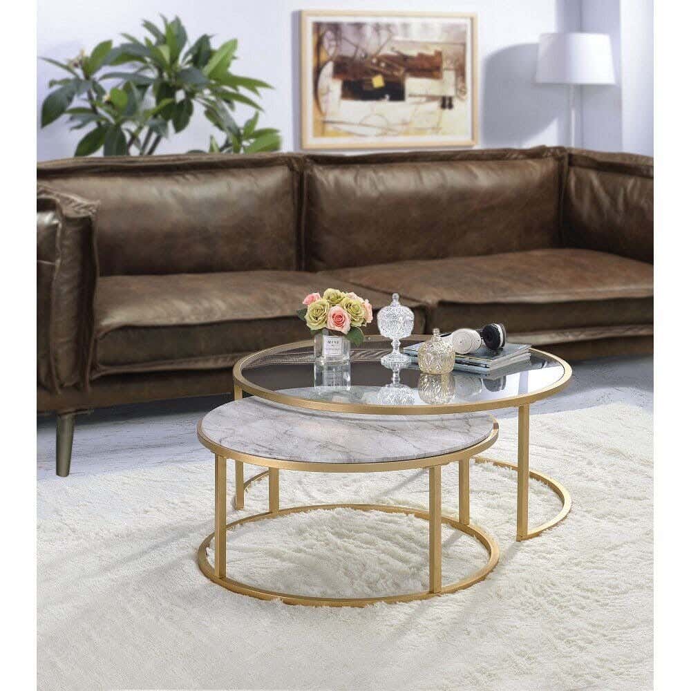 Steel Center Table Set, 2 Pieces, 70×70×45 - Gold