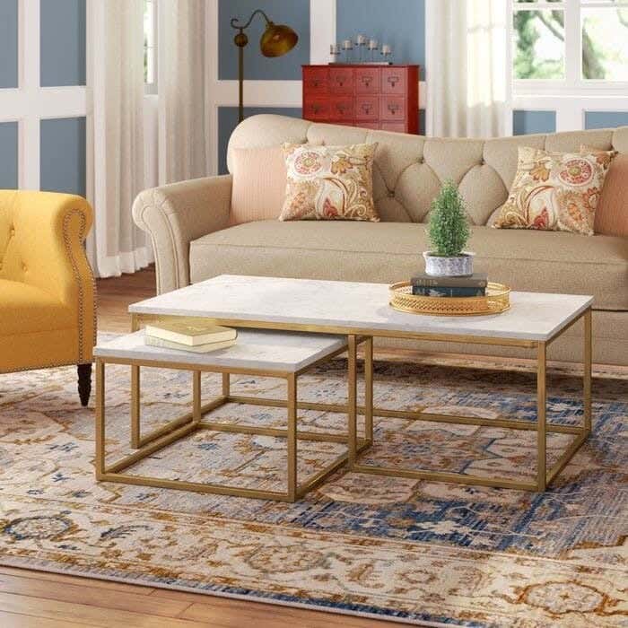 Steel Rectangular Center Tables Set, Two Pieces, Marble Top - Gold