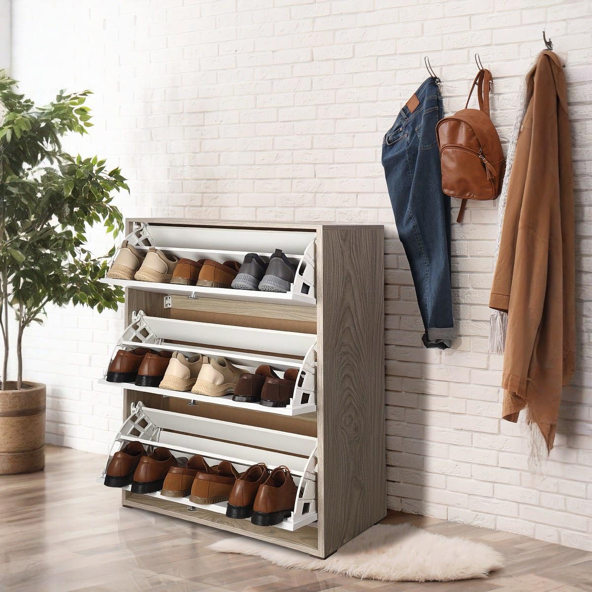 Alola Group MDF Wooden Shoe Organizer, 3 Flip Drawers, 80×24×100 cm