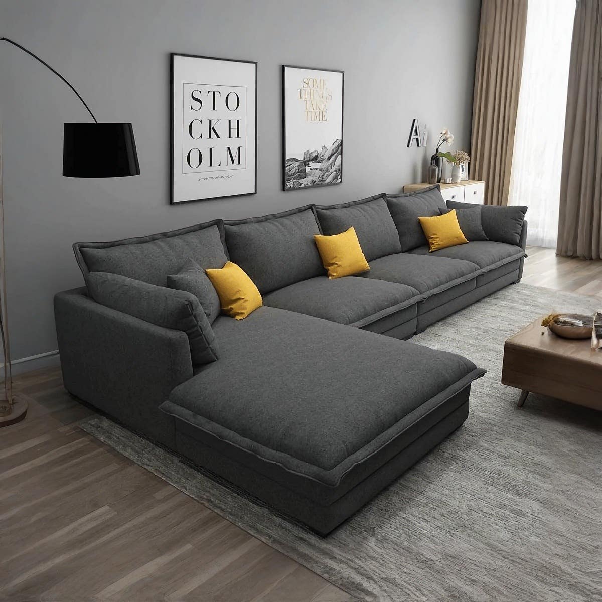 L-shaped beech wood sofa, 2 small cushions, 3 large cushions, Koya linen fabric, 300×200×75 cm – Grey