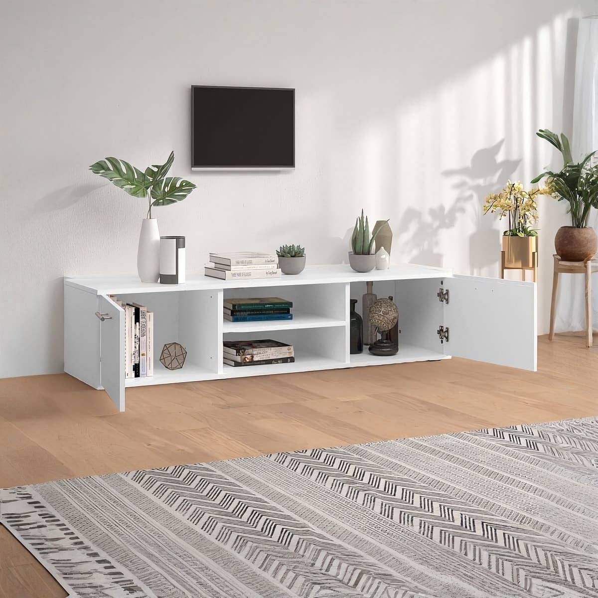 MDF Wooden Tv Table, 40 × 150 × 34 Cm, Melamine Surface - White