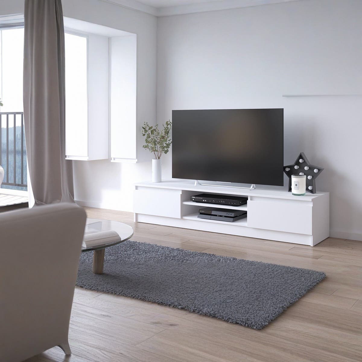 MDF Wooden Tv Table, 35 × 150 × 30 Cm, Melamine Surface - White