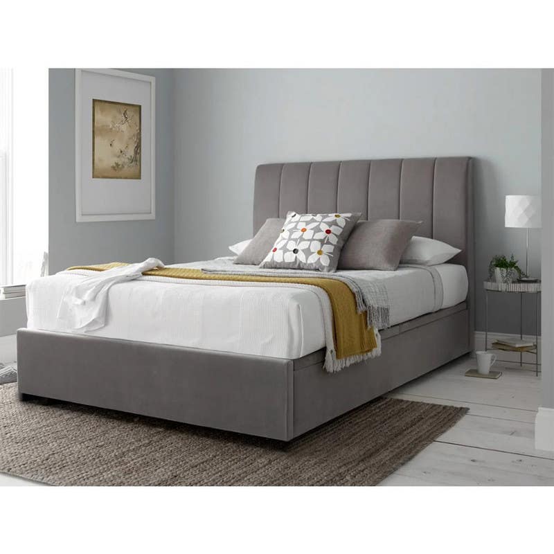 Bed, Red Beech Wood, Velvet Fabric, 120 X 120 X 200 Cm - Grey