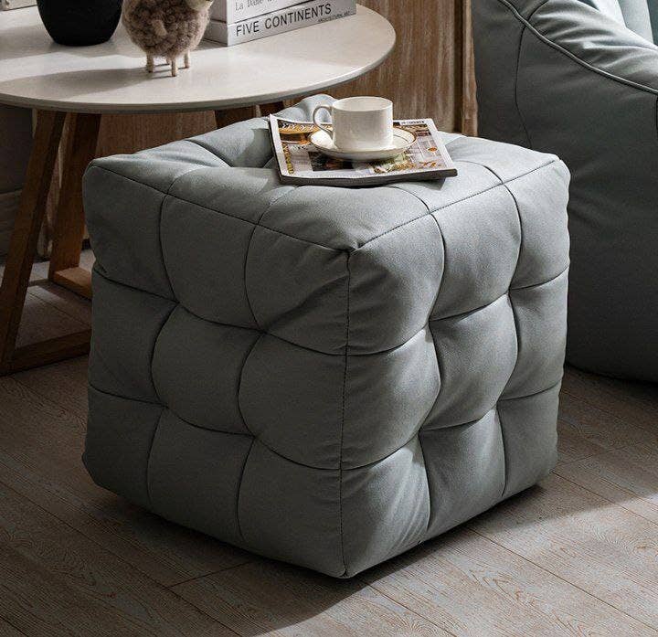 Beech Puff Chair, Leather Lined, 48×50×50 cm - Grey