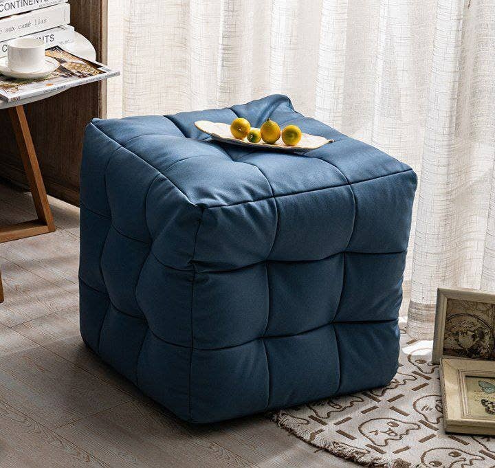 Beech Puff Chair, Leather Lined, 48×50×50 cm - Navy