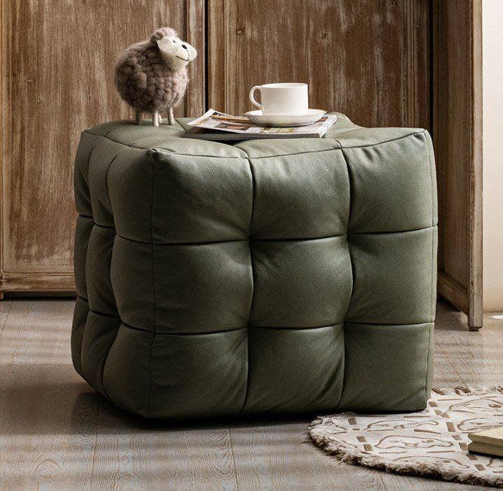 Beech Puff Chair, Leather Lined, 48×50×50 cm - Olive