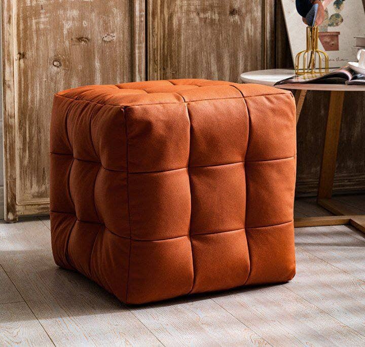 Beech Puff Chair, Leather Lined, 48×50×50 cm - Orange