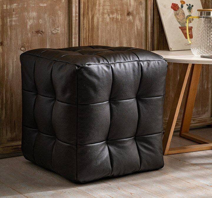 Beech Puff Chair, Leather Lined, 48×50×50 cm - Black