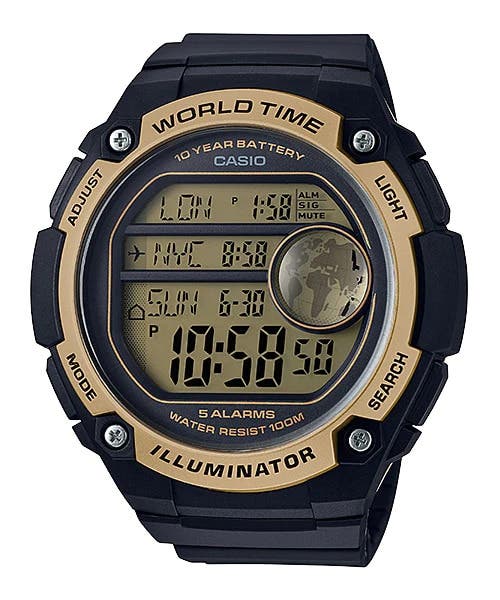 Casio AE-3000W-9AVDF Men's Black Dial Silicone Band Digital Watch, Quartz - Black Gold