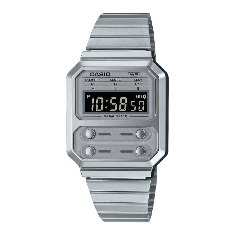 Casio A100WE-7BDF Digital Casual Watch for Unisex, Stainless Steel Band - Silver