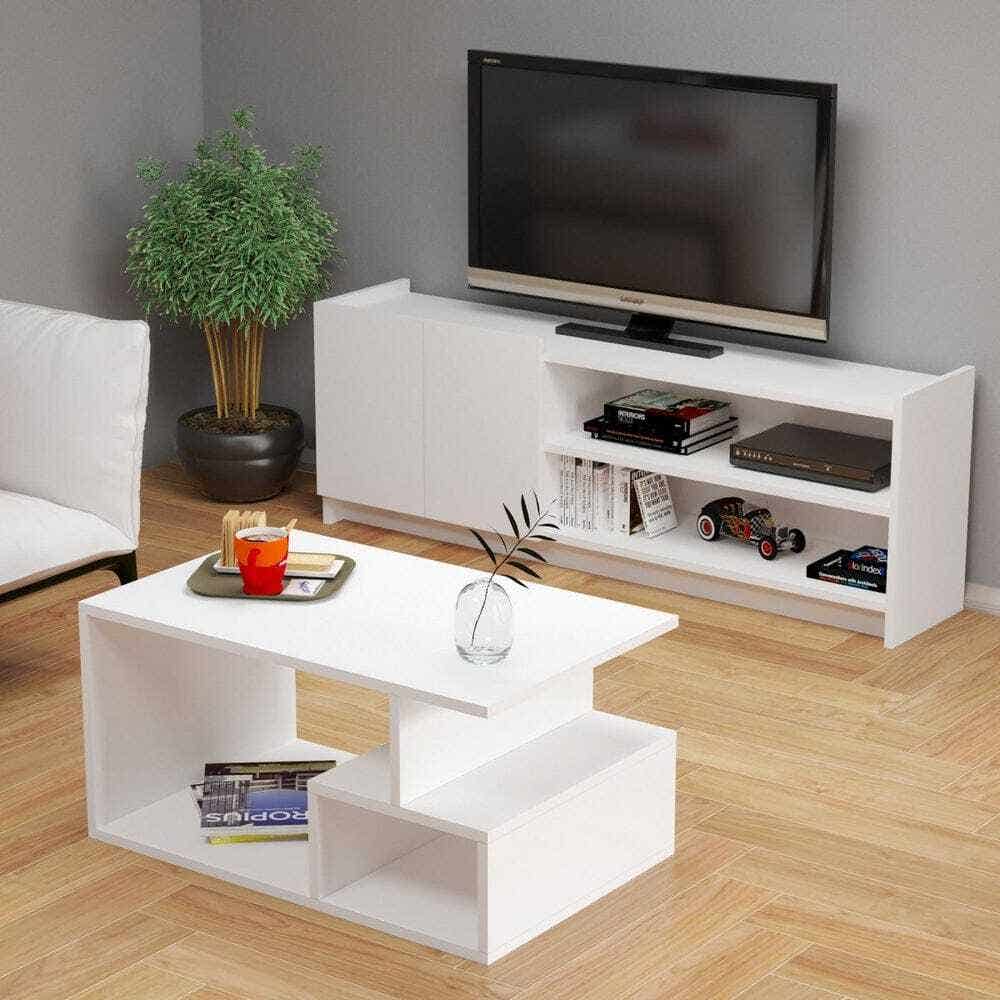 TV unit with center table, MDF wood - white